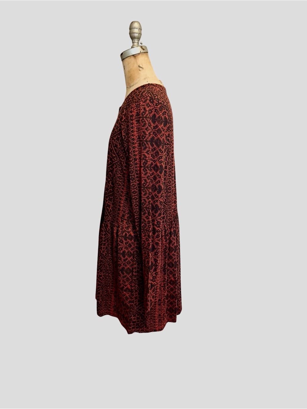 Peruvian Connection Tangier Fretwork Burgundy Long-Sleeve Tunic Dress M Boho EUC - Picture 5 of 8